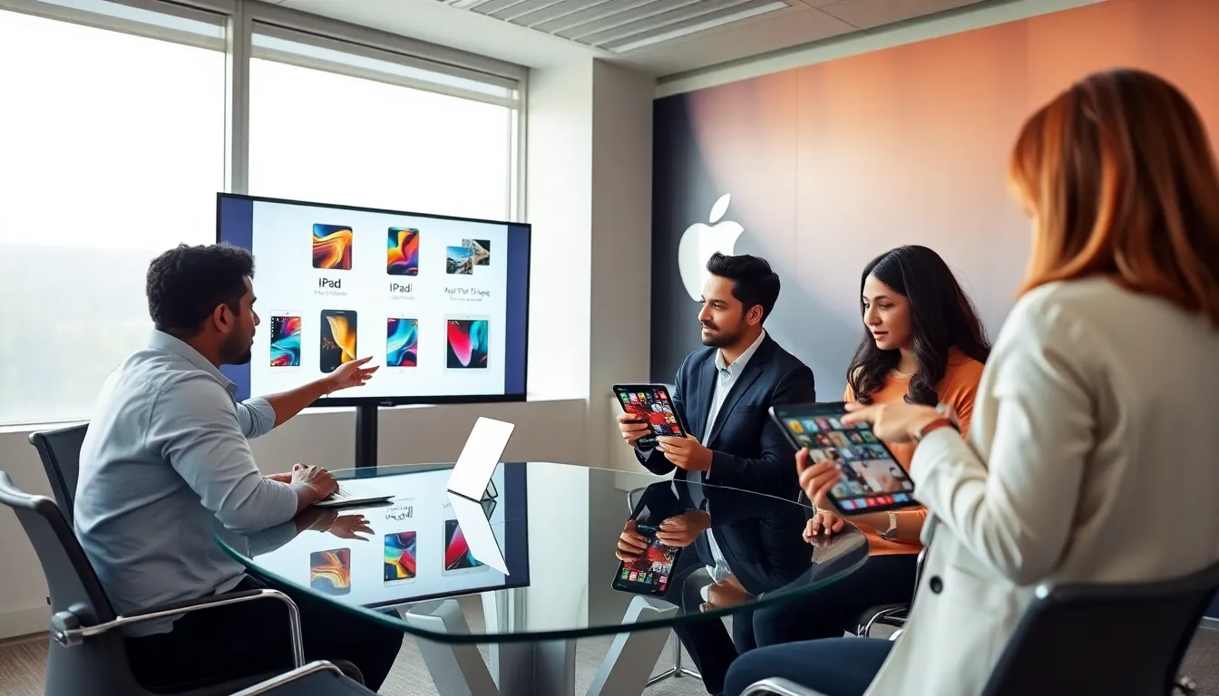 professionals discussing supported iPads in a modern office.