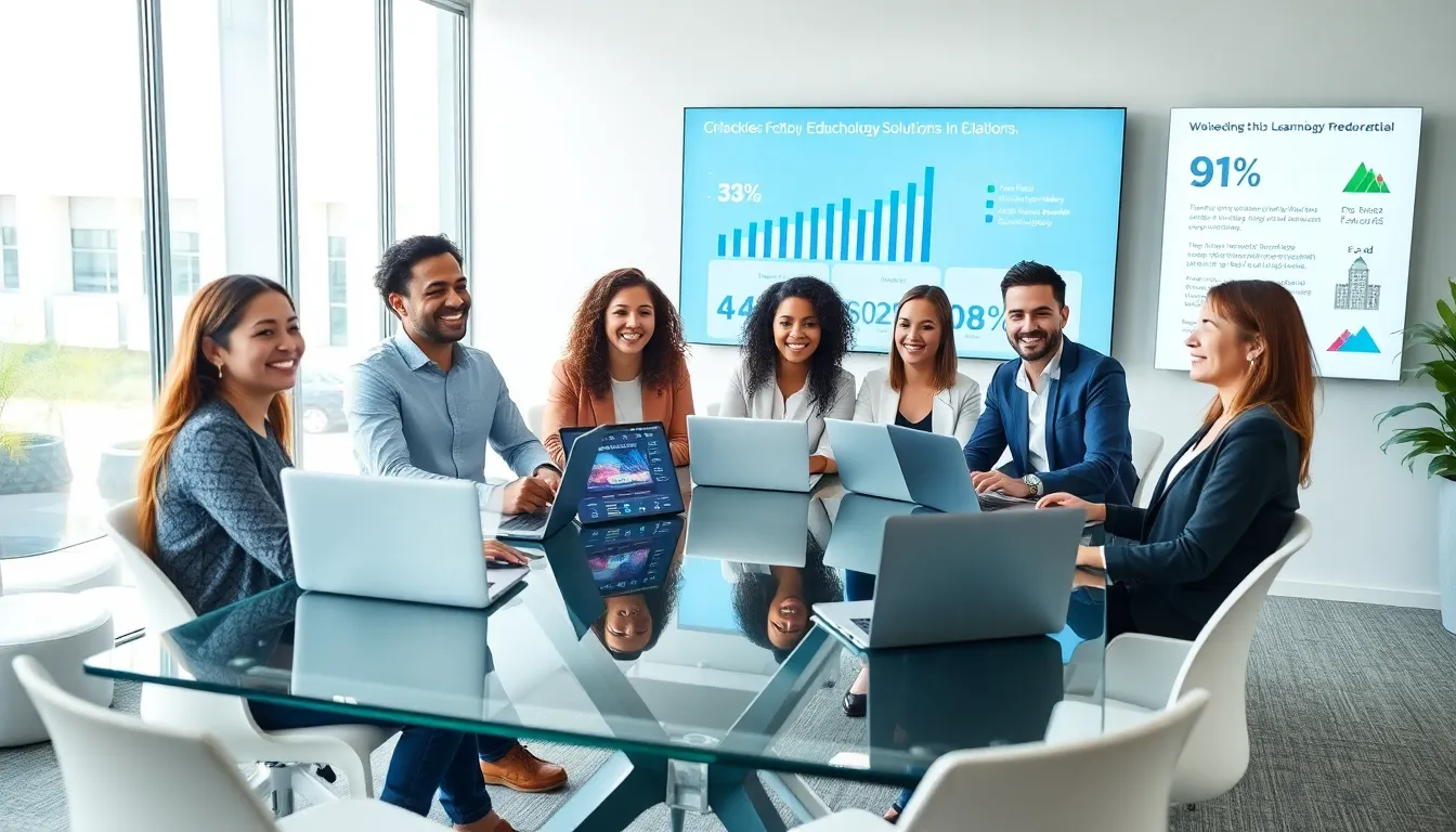 diverse professionals collaborating in a modern office on EdTech sales.