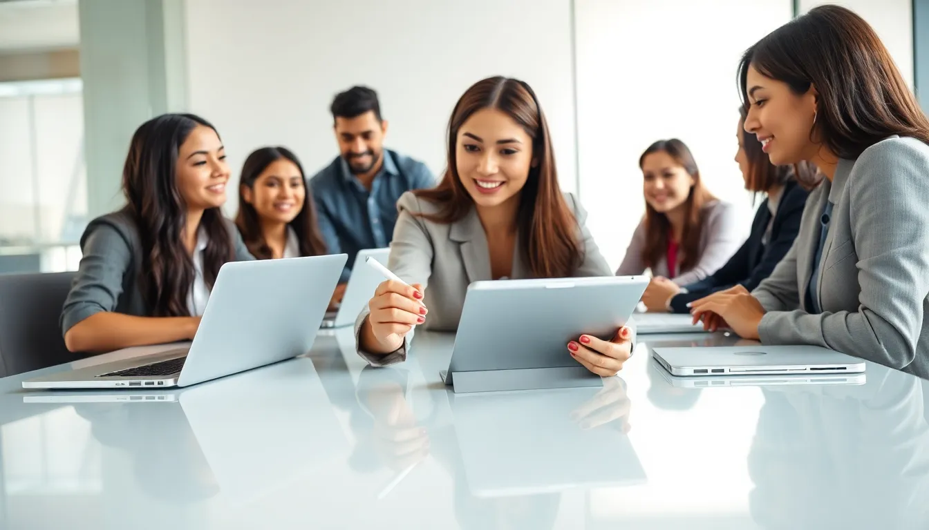 diverse professionals discussing Apple Pencil usage with an iPad.