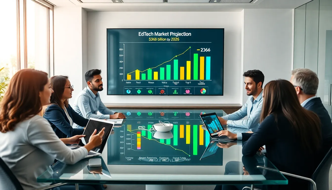 diverse team collaborating on an EdTech marketing strategy in a modern office.