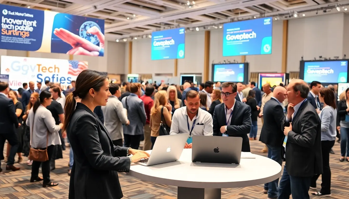 diverse professionals at a GovTech conference discussing technology in the public sector.